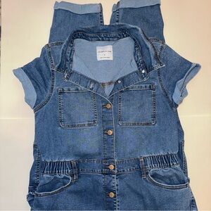 Celebrity Pink Denim Jumpsuit with Button Accents